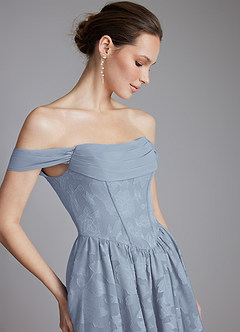 Azazie Raisa At-home Try On Dresses Dusty Blue A-Line Off the Shoulder Floral Burnout Dress image5