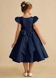 Azazie Pearl Flower Girl Dresses Dark Navy Ball-Gown Pleated Matte Satin Dress image2