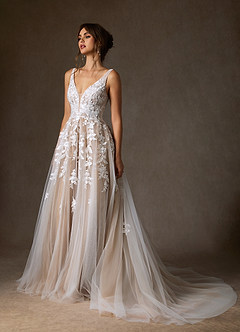 Azazie Sorella Hochzeitskleider A-Linie V-Hals Pailletten Tüll Kleid Diamantweiß Nude image5