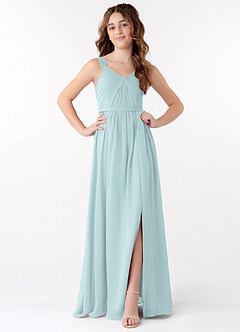 Azazie Evie Junior A-Linie Plissee Chiffon Kleid Nebel image1