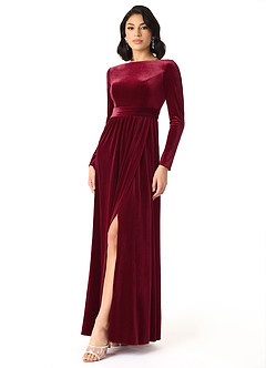 Azazie Brynn At-home Try On Dresses Burgundy A-Line Long Sleeve Velvet Dress image2