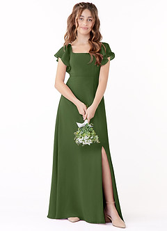 Azazie Bondi Junior Olive A-Line Bow Chiffon Dress image1