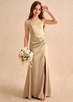 Azazie Noah Girls Formal Jurken voor bloemenmeisjes Kolom Jurk van Stretch Satijn Geplooide Champagne image4