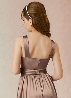 Azazie Jiya Junior Taupe A-Line Pleated Metallic Satin Dress image4