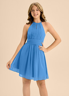 Azazie Bonnie Junior Abito A-Line in Chiffon Plissettato Blue Jay image5