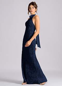 Azazie Velli 신부 들러리 드레스 인어 하이넥 플로럴 번아웃 바닥 길이 드레스 image3