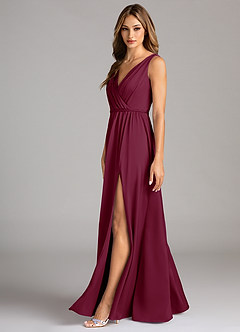 Azazie Tanicia Bridesmaid Dresses Mulberry A-Line Pleated Stretch Satin Dress image5