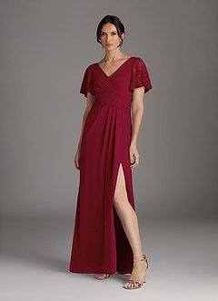 Azazie Jannie Abiti per la Madre della Sposa Abito A-Line in Chiffon Elasticizzato con Scollo a V in Pizzo Burgundy image3