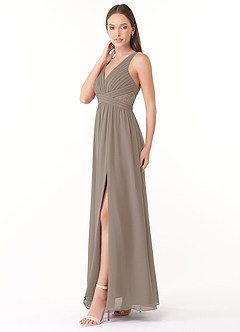 Azazie Genelle Final Sale Taupe Flowy Lace Chiffon Dress image3