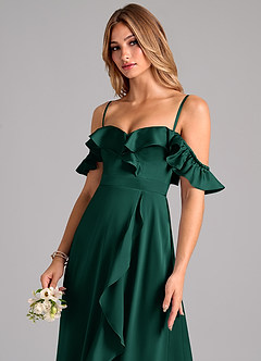 Azazie Lyra Bridesmaid Dresses Emerald A-Line Off the Shoulder Stretch Satin Convertible Dress image7