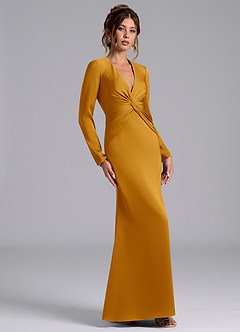 Azazie Valerie Bridesmaid Dresses Butterscotch Mermaid Long Sleeve Stretch Satin Dress image4