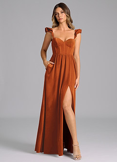 Azazie Denisse Bridesmaid Dresses Burnt Orange A-Line Ruched Velvet Dress image3