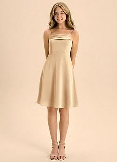 Azazie Anselie Junior Champagne A-Line Pleated Stretch Satin Dress image5