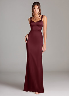 Azazie Denice Vestidos de damas de honor Vestido de Cabernet de Satén Elástico de Corte Recto con Plisado image3