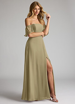 Azazie Sue Robes de demoiselle d'honneur Robe Trapèze Convertible en Mousseline de soie Épaule décolletée Vert Mousse image5
