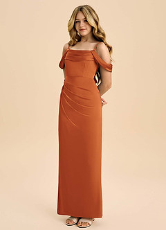 Azazie Saige Junior Robe Fourreau en Satin extensible Épaule décolletée Cannelle image1