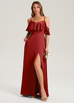 Azazie Jean Bridesmaid Dresses Pomegranate A-Line Off the Shoulder Stretch Satin Dress image3
