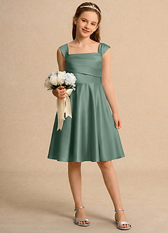 Azazie Budle Girls Formal Flower Girl Dresses Eucalyptus A-Line Pleated Matte Satin Dress image1