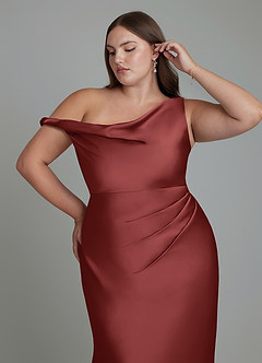 Azazie Emerson Bridesmaid Dresses Terracotta Mermaid Off the Shoulder Stretch Satin Dress image12
