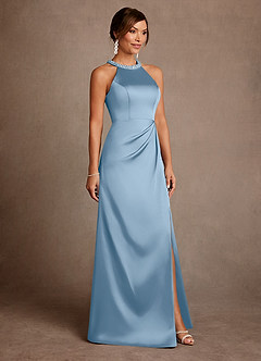 Azazie Lawrence Abiti per la Madre della Sposa Abito A-Line in Raso Elasticizzato Plissettato Azzurro Polvere image4