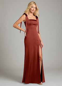 Azazie Frostine Bridesmaid Dresses Terracotta A-Line Bow Stretch Satin Dress image5