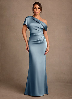 Azazie Rutha Mother of the Bride Dresses Dusty Blue Sheath One Shoulder Stretch Satin Dress image1
