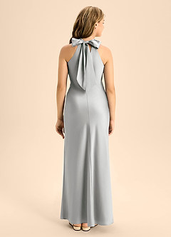 Azazie Doretta Junior Vestido Prata de Cetim elástico de Linha A com Plissado image2