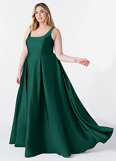 Azazie Neve Bridesmaid Dresses Emerald Ball-Gown with Pockets Stretch Satin Dress image9