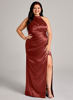 Azazie Jemma Robes de demoiselle d'honneur Robe Fourreau en Satiné métallisé Plissée Terracotta image11