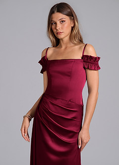 Azazie Kalysia Jurken voor bruidsmeisjes Converteerbaar Jurk van Stretch Satijn met Zeemeermin Off the Shoulder Bourgondië image5