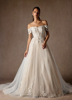 Azazie Rowe Vestidos de novia Vestido de Blanco Diamante Nude de Tul de Corte Princesa con Vestidos sin tirantes image1