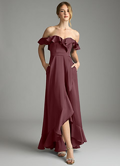Azazie Lyra Bridesmaid Dresses Sangria A-Line Off the Shoulder Stretch Satin Convertible Dress image6