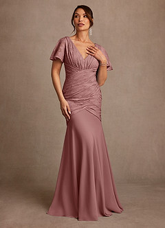 Azazie Jolene Mother of the Bride Dresses Dusty Rose Mermaid Pleated Floral Burnout Dress image4