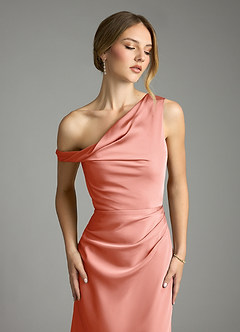 Azazie Emerson Bridesmaid Dresses Coral Mermaid Off the Shoulder Stretch Satin Dress image6