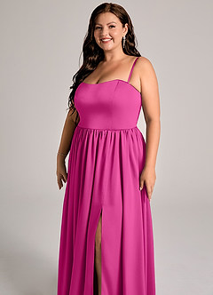 Azazie Calianna Vestidos de madrinha de casamento Vestido Fúcsia de Cetim elástico de Linha A com Fora do ombro image10