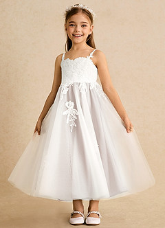 Azazie Coraline Flower Girl Dresses Ivory Rose Petal A-Line Lace Dress image4