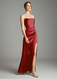 Azazie Leonis Bridesmaid Dresses Pomegranate Mermaid Pleated Stretch Satin Convertible Dress image6