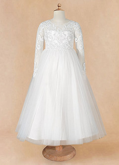 Azazie Elodie Flower Girl Dresses Ivory White Ball-Gown Lace Dress image10