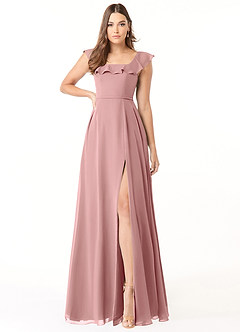 Azazie Jinny Brautjungfernkleider A-Linie Quadratischer Ausschnitt Gerüscht Chiffon Kleid Altrosa image2