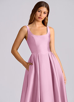 Azazie Amalie Vestidos de damas de honor Vestido de Rosa Caramelo de Satén Elástico de Línea A con Plisado image4