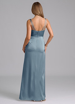 Azazie Leo Final Sale Dusty Blue Sheath Pleated Stretch Satin Dress image2