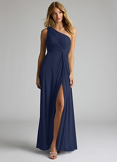 Azazie Brooke Bridesmaid Dresses Dark Navy A-Line One Shoulder Mesh Dress image4