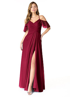 Azazie Dakota Vestidos de damas de honor Vestido Borgoña de Gasa de Línea A con Cuello en V plisado image1