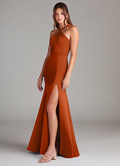 Azazie Rue Vestidos de damas de honor Vestido de Naranja Quemada de Satén Elástico de Corte en A con Plisado image5