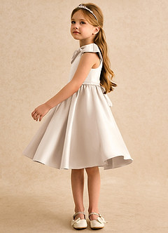 Azazie Acorn Flower Girl Dresses White Alabaster A-Line Pleated Matte Satin Dress image4