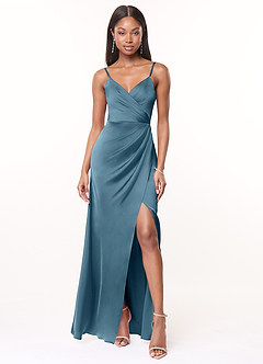Azazie Maci Bridesmaid Dresses Bermuda A-Line V-Neck Pleated Stretch Satin Dress image1