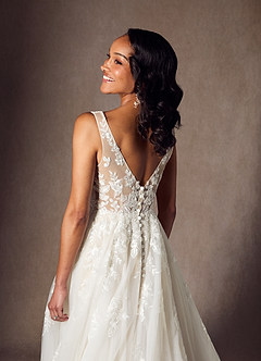 Azazie Joie At-home Try On Dresses Diamond White Champagne A-Line V-Neck Sequins Tulle Dress image7