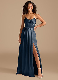 Azazie Zeya Robes de demoiselle d'honneur Robe Trapèze en Satiné métallisé Plissée Bleu Marine Foncé image7