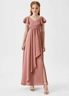 Azazie Omari Junior Rosette A-Line Pleated Stretch Satin Dress image4