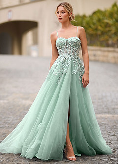Celeste Light Green Rhinestone Sheer Lace Prom Dress image4